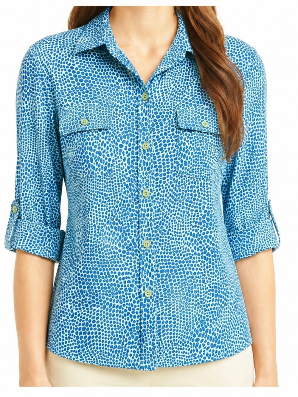 J. McLaughlin New Monroe 3/4 Sleeve Button Down Shirt, Blue Animal Print | Small